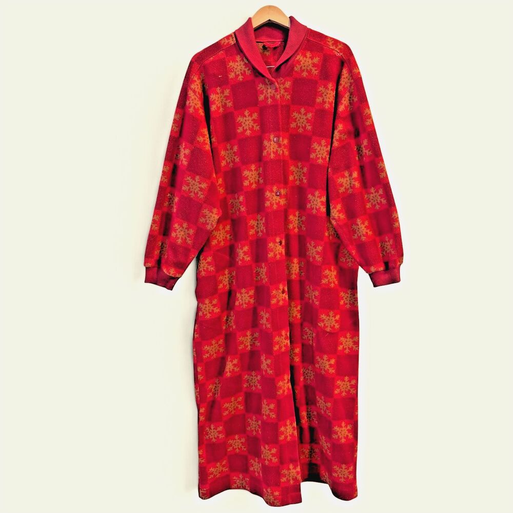 High Sierra Fleece Maxi Robe Unisex Red Snowflake Winter Design Snap Front XL